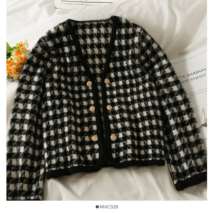 Hong Kong Vintage Plaid double breasted cardigan thickened sweater female  1943