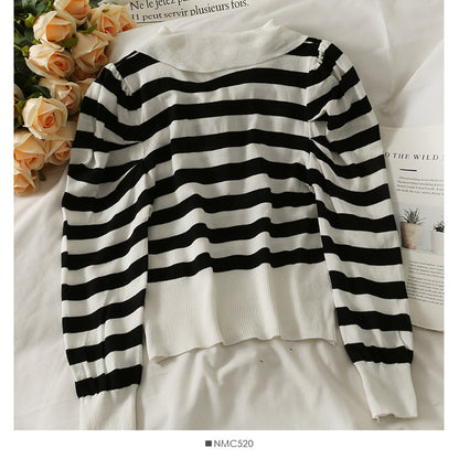 Niche short versatile stripe slim Lapel T-shirt  1887