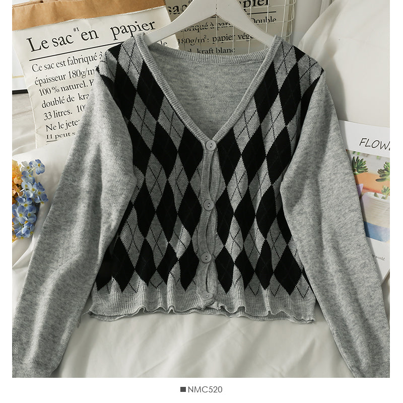 Hong Kong Style Vintage diamond check single breasted cardigan short sweater  1957