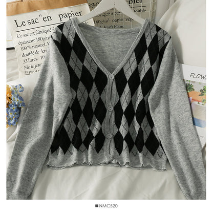 Hong Kong Style Vintage diamond check single breasted cardigan short sweater  1957