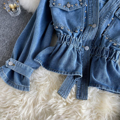 Waistband V-neck heavy industrial nail bead diamond design sense of minority denim jacket  1490
