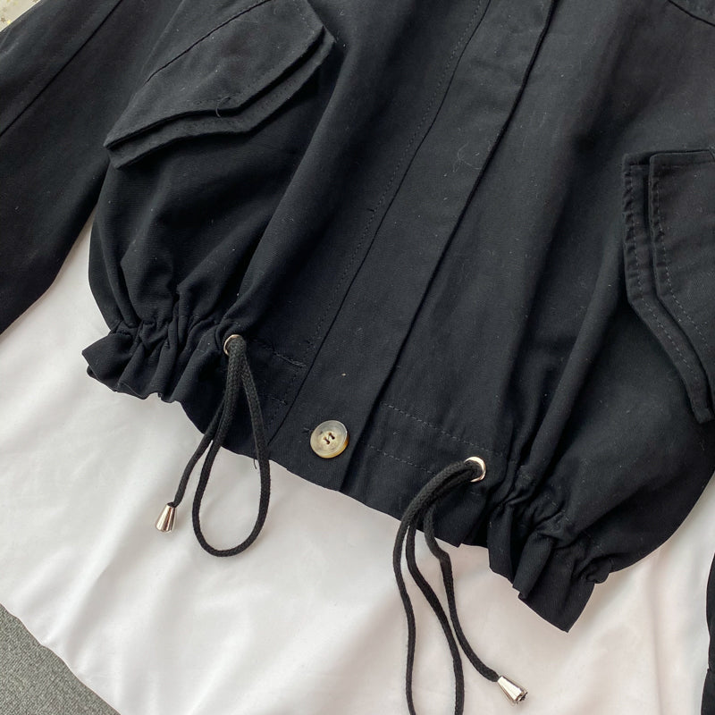 Drawstring long sleeve short coat women's Casual Jacket Top  1688