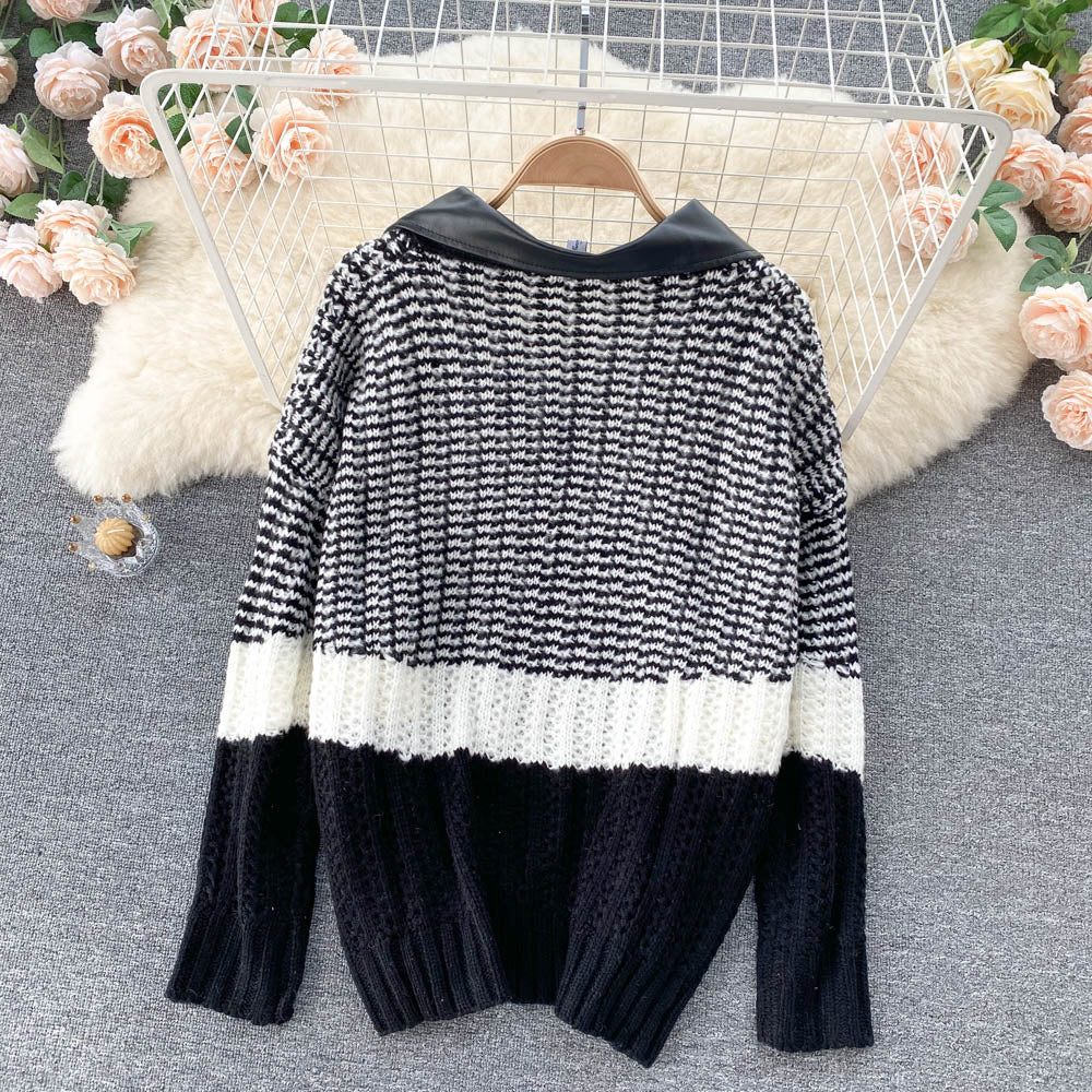 Korean leopard sweater stitched short lapel  1570