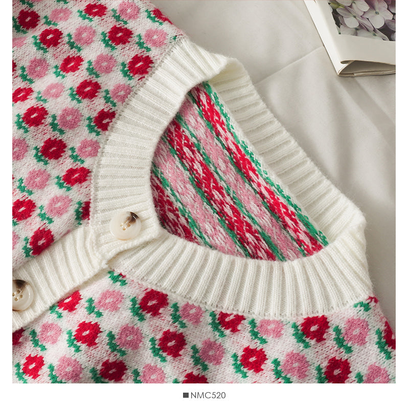 Sweet wind color blocking round neck single breasted long sleeved sweater  1969