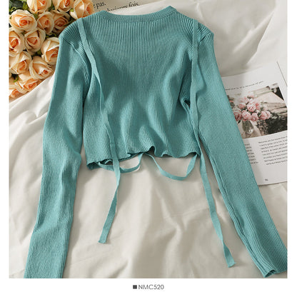 Korean bow tie tie short versatile long sleeve Pullover Top  1981