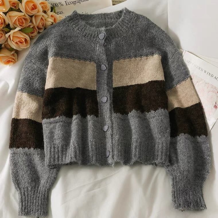 Short long sleeve single breasted knit, cardigan patchwork color sweater  1447
