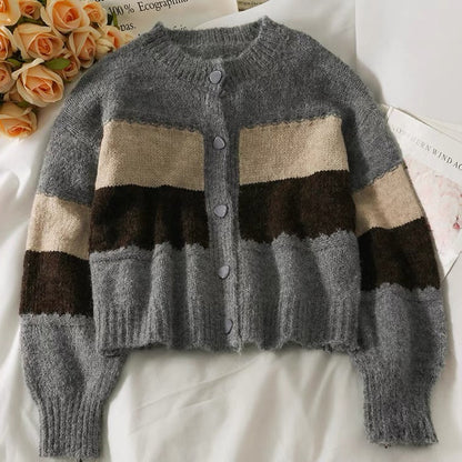 Short long sleeve single breasted knit, cardigan patchwork color sweater  1447
