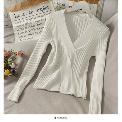 Design cross vertical stripe V-neck tight and slim knit  1879