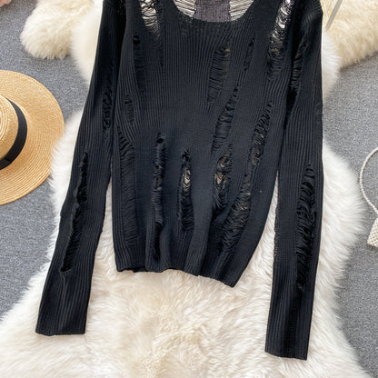 Wool sweater feminine V-neck hollow hole sweater  1594