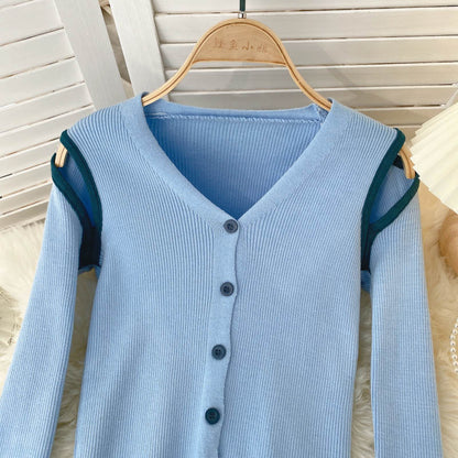Autumn V-neck slim fit contrast color temperament sweater  1585