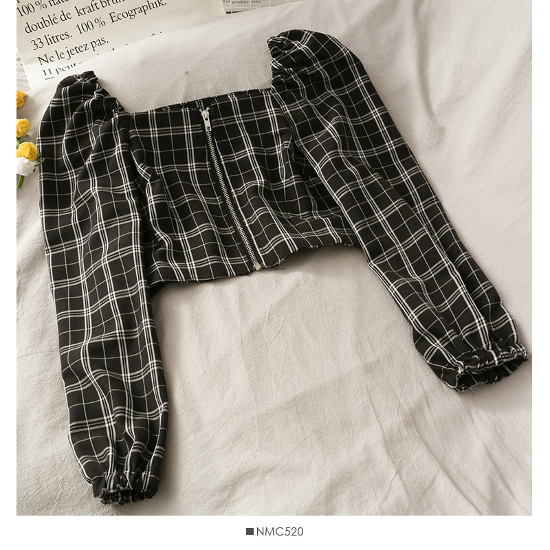 Off shoulder exposed clavicle zipper bubble sleeve top high waist skirt  2490