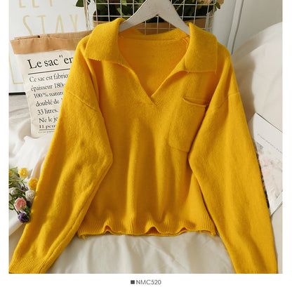 Sweet wind candy color Lapel slim fit Pullover knit  1848