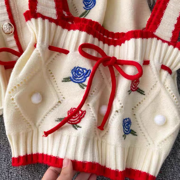 Knit cardigan, vintage, embroider flower, loose long sleeve sweater, short paragraph spaghetti strap top, sweet two sets 1339