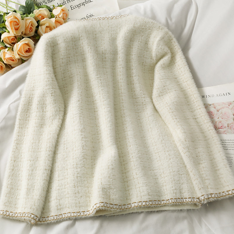 Bright silk Plaid round neck single breasted long sleeved sweater coat  1708