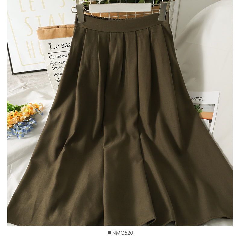 Retro pleated high waist thin mid length skirt for women  2541