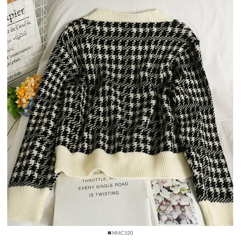 Patchwork bird check long sleeve single breasted cardigan sweater  1911