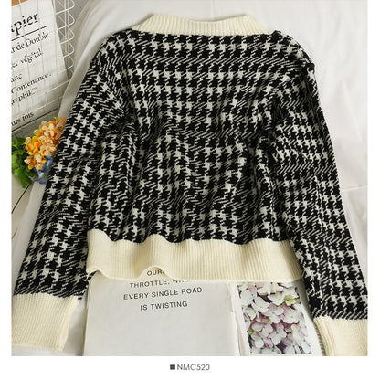 Patchwork bird check long sleeve single breasted cardigan sweater  1911