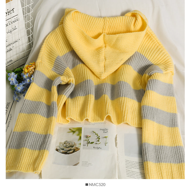 Korean stripe short loose thin hooded long sleeved sweater  1939