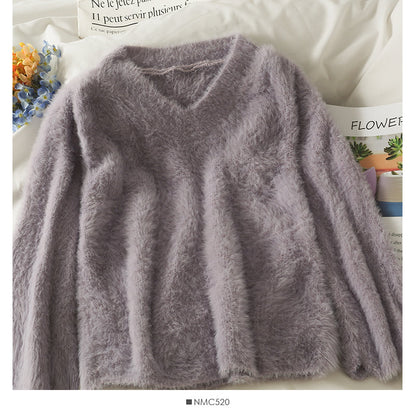 Plush loose thin V-Neck Sweater Korean versatile long sleeve Pullover Top  1995