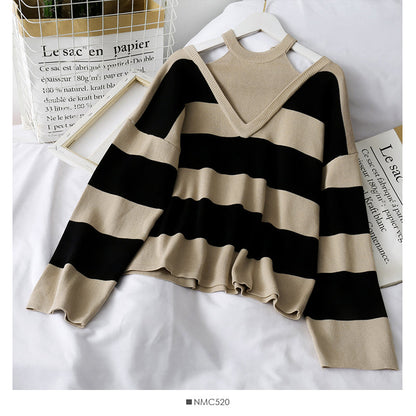 Hanging neck fake two-piece Sweater Top + high waist hanging wide leg pants  1728