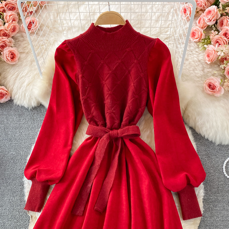 Fake two piece long sleeve knitted stitched corduroy A-line dress  3365