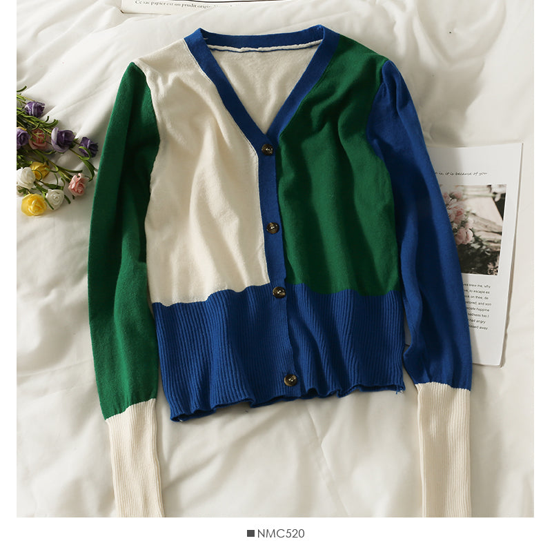 New contrast stitching V-neck single breasted long sleeved women's T-shirt  1890