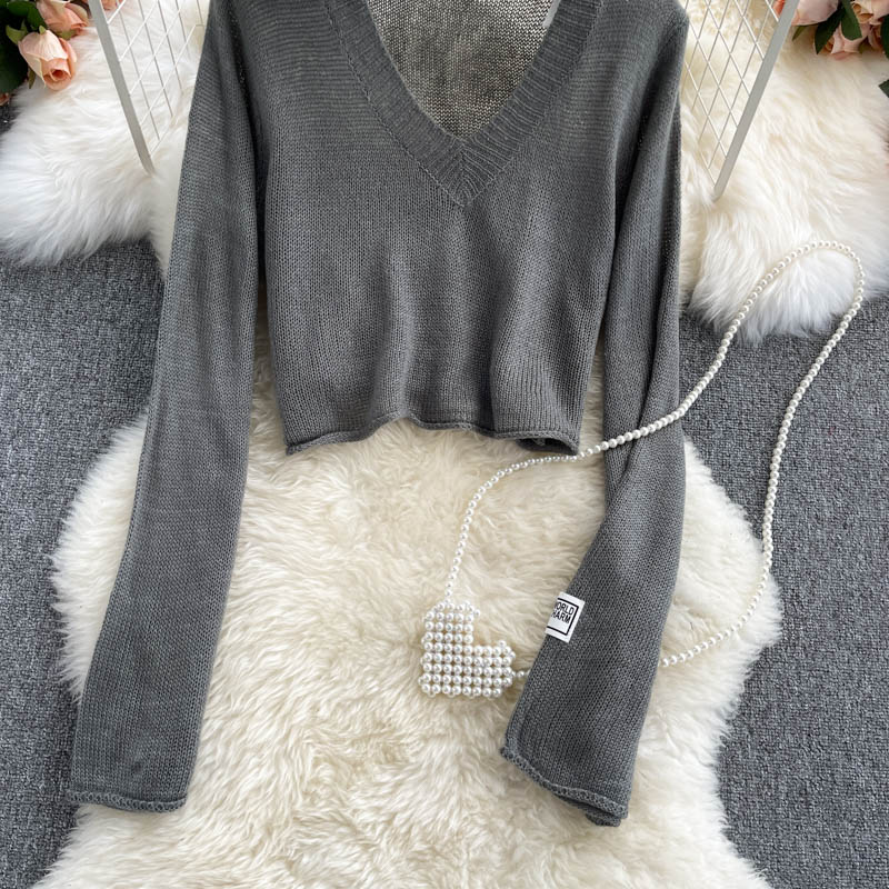 Solid V-neck slim high waist sweater female  1609