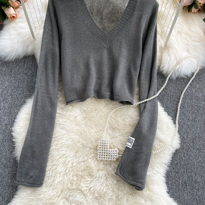 Solid V-neck slim high waist sweater female  1609
