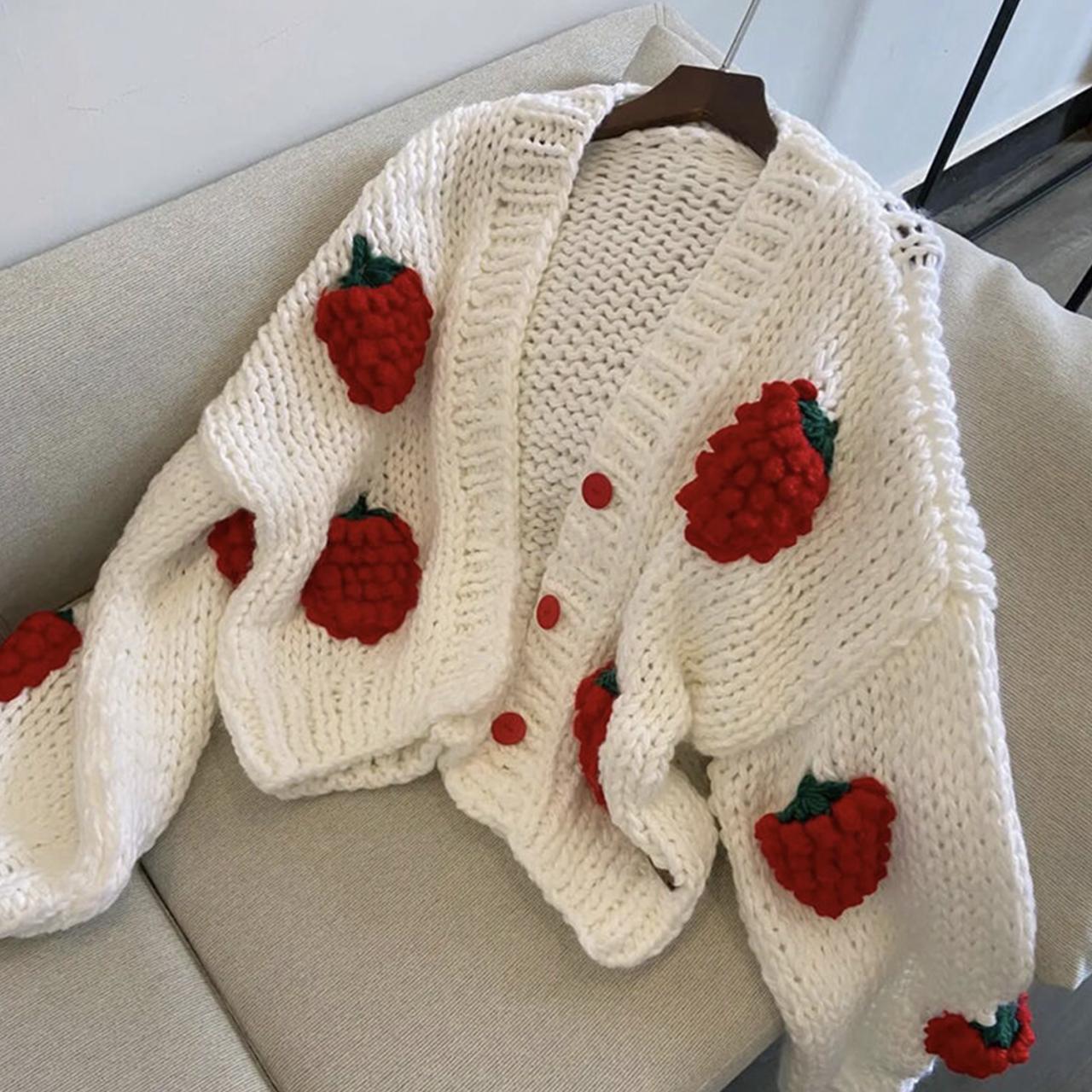 Cute three-dimensional strawberry cardigan long-sleeved sweater  1477