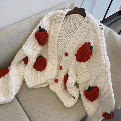 Cute three-dimensional strawberry cardigan long-sleeved sweater  1477