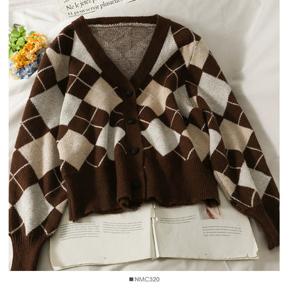 Diamond check single breasted V-Neck Sweater for women  1778