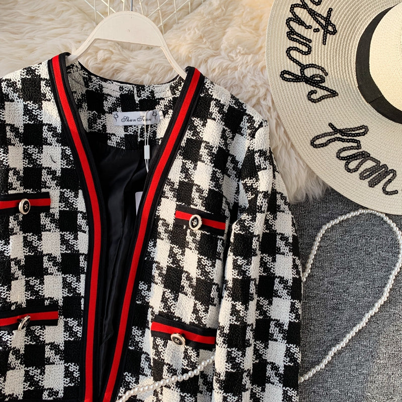 Small fragrant clothes contrast color thousand bird lattice short suit coat  1638