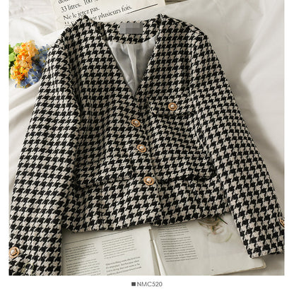 Korean retro three button short thousand bird lattice small suit for women  2087