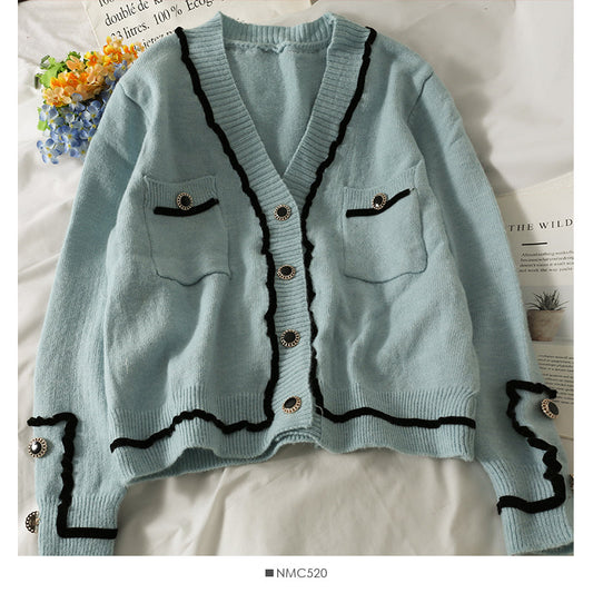 Sweater women's stripe loose thin single breasted sweater  1975