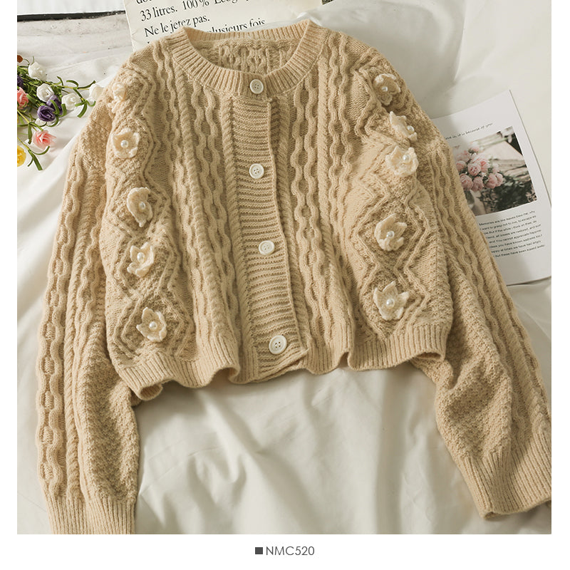 Sweater female nail bead three-dimensional flower single breasted cardigan top  1807