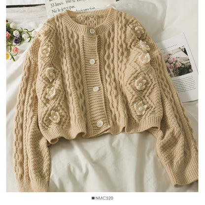 Sweater female nail bead three-dimensional flower single breasted cardigan top  1807