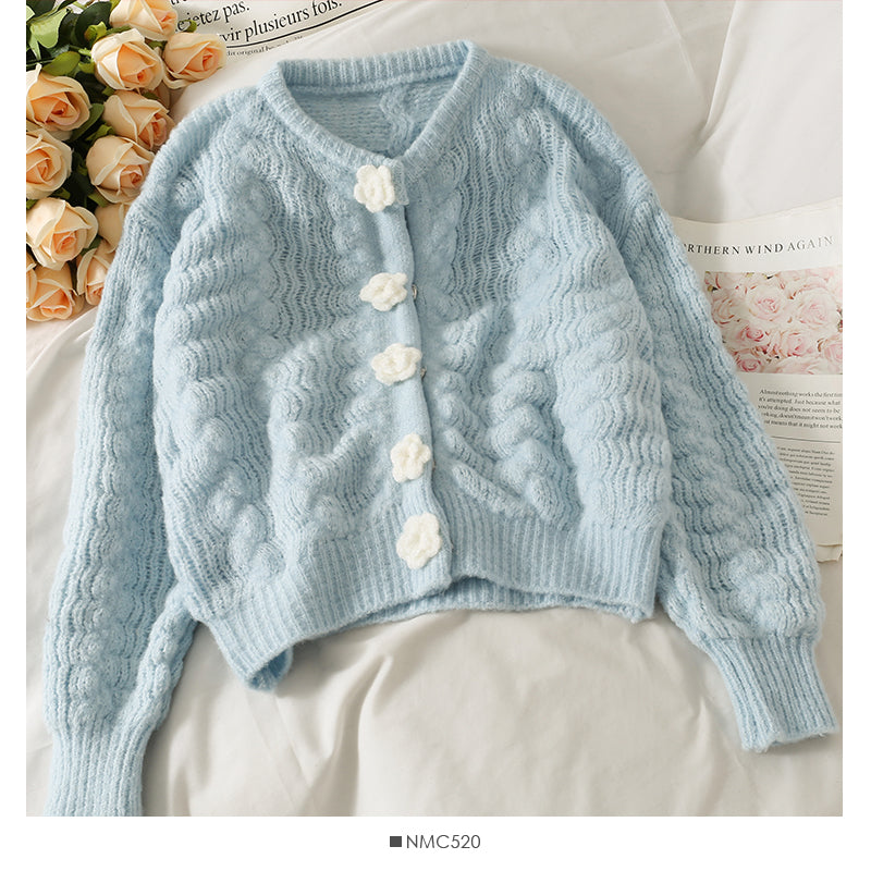 Sweet wind three-dimensional flower single breasted cardigan sweater female  1705