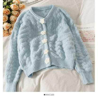 Sweet wind three-dimensional flower single breasted cardigan sweater female  1705