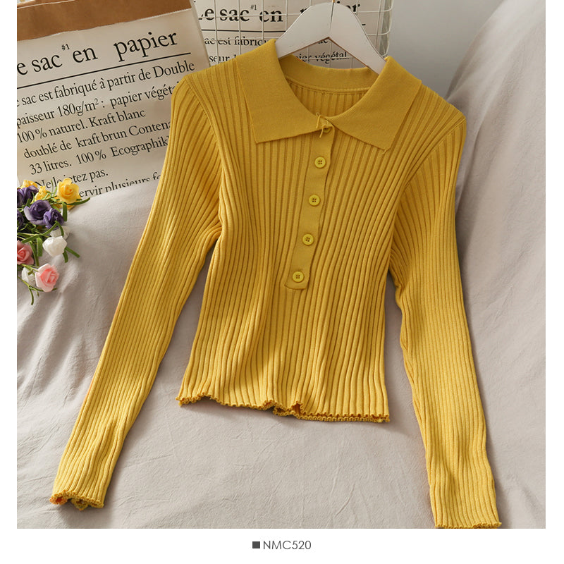 Korean solid color versatile breasted Lapel tight knit women's shirt  1842