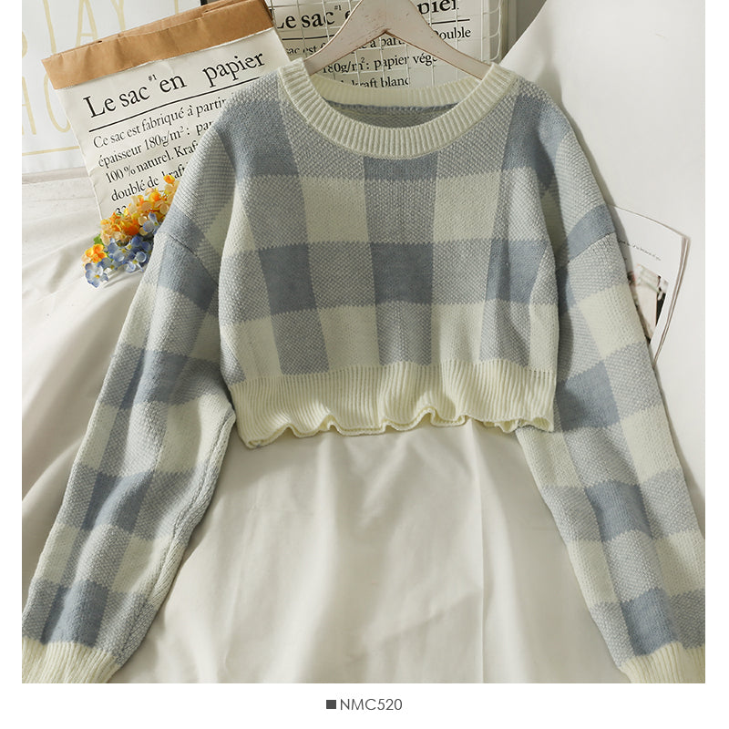 Korean color blocking Plaid round neck long sleeve Pullover short sweater  1968