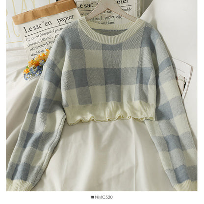 Korean color blocking Plaid round neck long sleeve Pullover short sweater  1968
