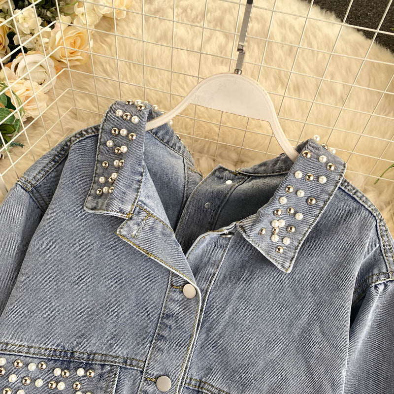 Denim coat women's heavy industry Beaded coat  1535