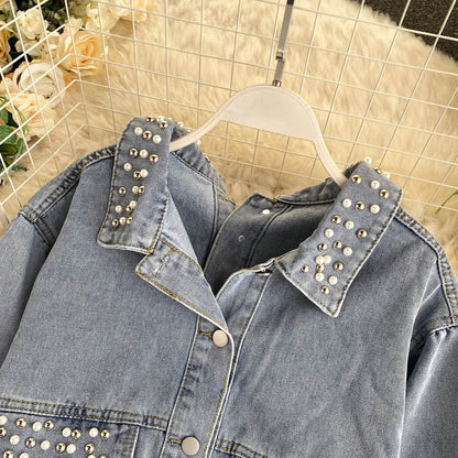 Denim coat women's heavy industry Beaded coat  1535