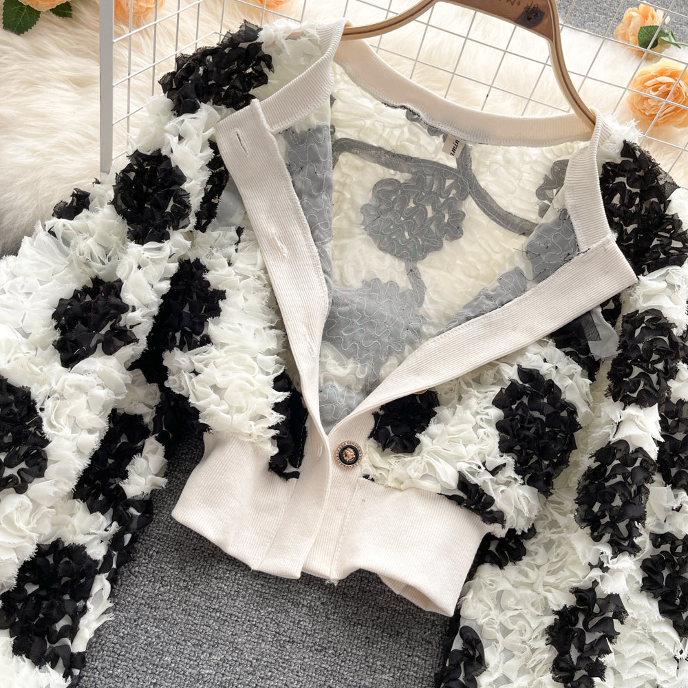 Sweet temperament three-dimensional flower bubble long sleeve top  1564