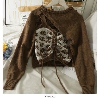 Design sense round neck long sleeve Pullover Sweater with suspender inside  1797
