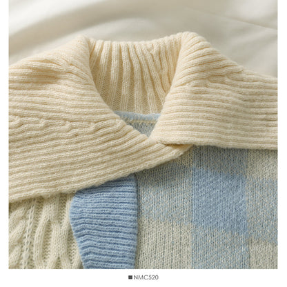 Elegant style color blocking large lapel Plaid loose knit women's shirt  1899