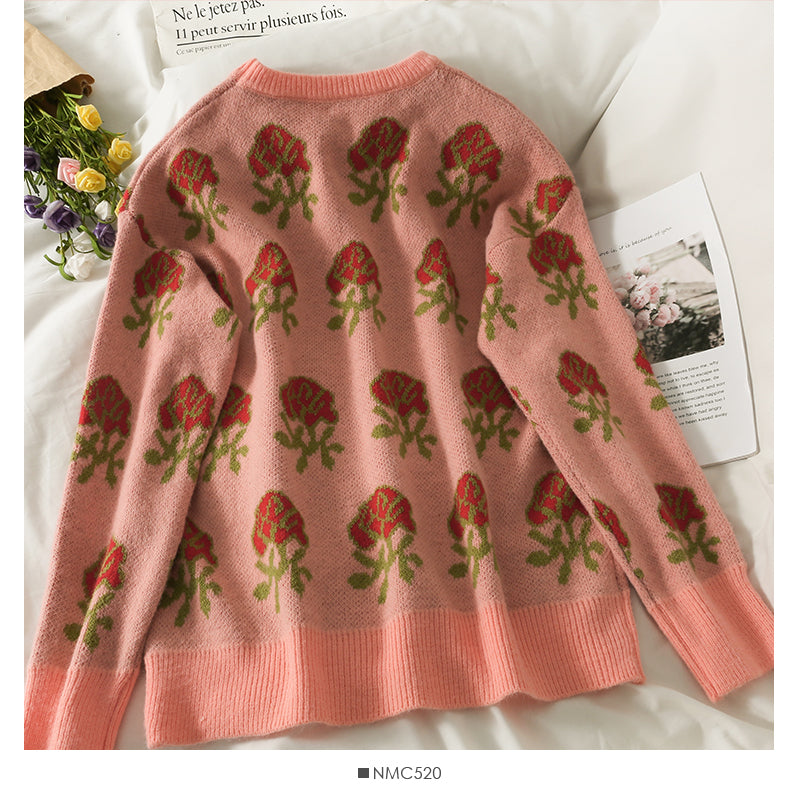 Hong Kong Style Vintage printed loose slim Pullover Sweater  1958