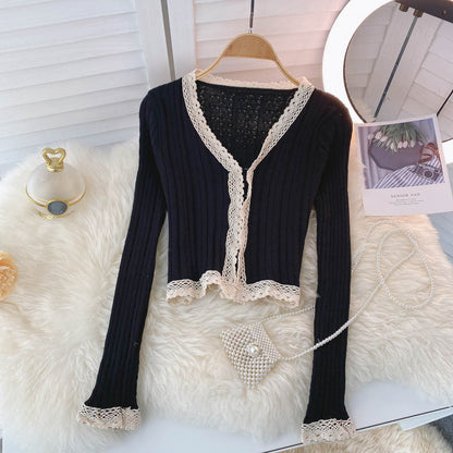 Vintage Knitted Top Women's autumn V-neck lace  1595