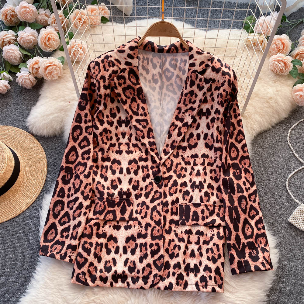 European and American style versatile medium and long leopard print suit  1563