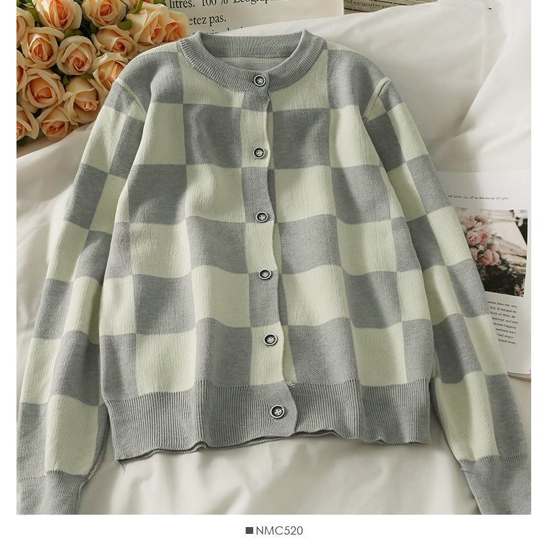 Color contrast check Crew Neck Long Sleeve loose sweater women's new single breasted cardigan sweater  1967